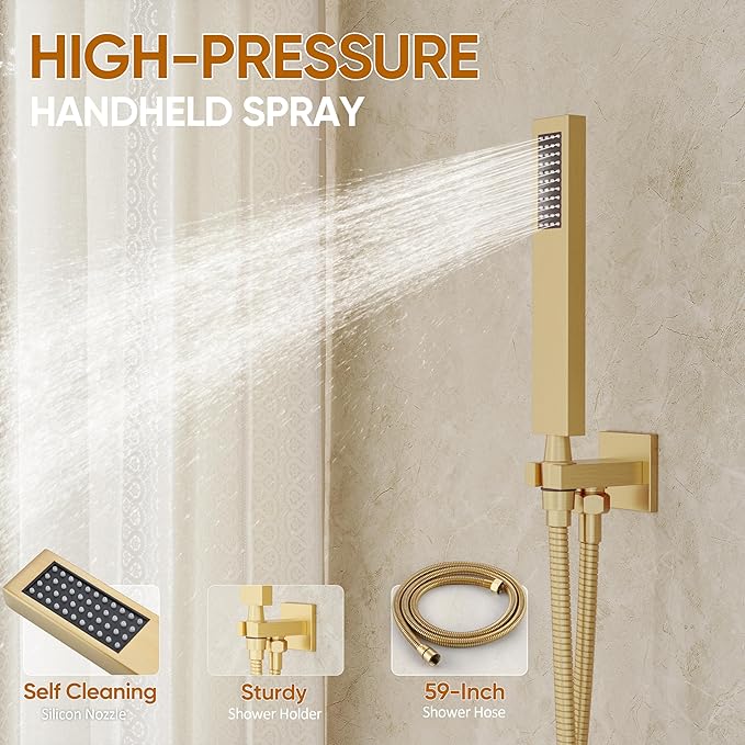 Gold Shower System with Tub Spout, All Metal Tub Shower Faucet Set with 10" Rain Shower Head and Handheld Spray combo, Wall Mounted Tub Shower Systems with Valve and Trim Kit, Brushed Gold