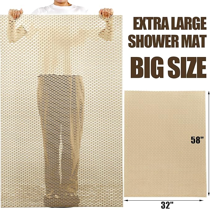 HOMBYS 58 x 32 Extra Large Shower Mat for Shower Stall Tub, Non Slip Bath Mat Bathroom Accessories, PVC Mats for Shower and Bathroom, Quick Drying, (Khaki, 58"x32")