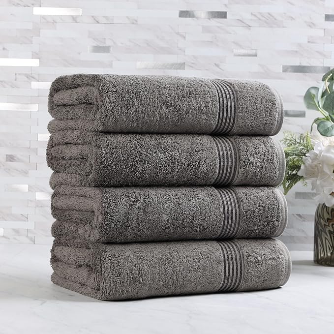 Superior Egyptian Cotton Bath Towel Set, Towels for Home Bathroom, Master, Guest Bath, Decor Essentials, Quick Dry, Absorbent, Large Body Towels, Spa, Hotel, Resort, Adult, Kids, Set of 4, Charcoal