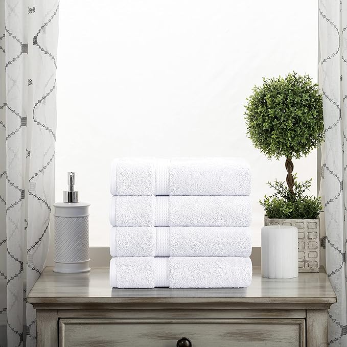 Superior Egyptian Cotton Pile Hand Towel Set of 4, Ultra Soft Luxury Towels, Thick Plush Essentials, Absorbent Heavyweight, Guest Bath, Hotel, Spa, Home Bathroom, Shower Basics, White