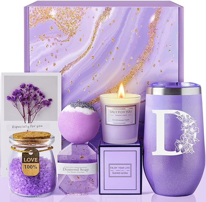Self Care Gifts for Women, Unique Birthday Gifts, Thinking of You, Get Well Soon Care Package with 20oz Initial Tumbler, Christmas Relaxing Spa Gift Box Basket for Her Sister Best Friends Mom (D)