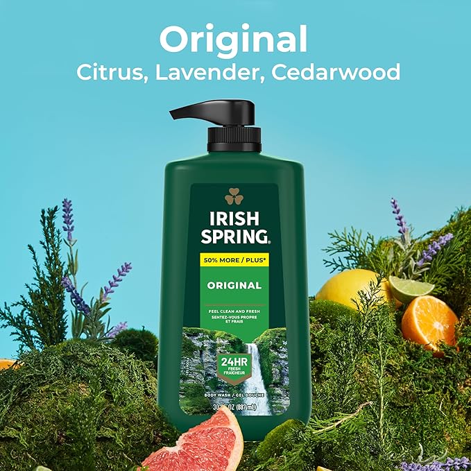 Irish Spring Men's Body Wash Pump, Original Clean Body Wash for Men, Smell Fresh and Clean for 24 Hours, Cleans Body, Hands, and Face, Made with Biodegradable Cleansing Ingredients, 30 Oz Pump