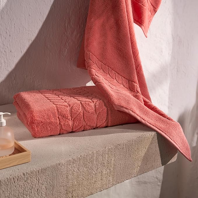 BAGNO MILANO Organic Turkish Cotton Bath Towels, Luxury Jacquard Collection, Certified Organic Highly Absorbent, Soft-Plush Towel Set (Coral Red, 6 Pcs Towel Set)