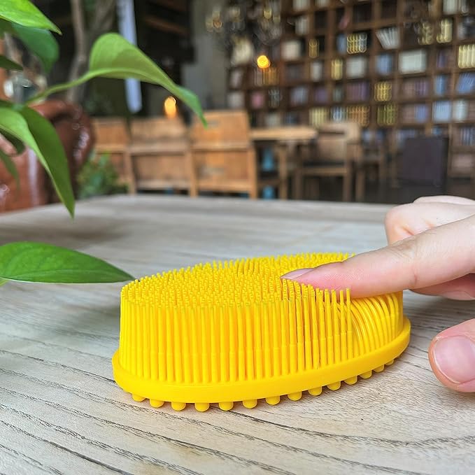 Premium Sensory Brush for Kids or Autism,Soft Silicone Body Scrubber,2 in 1 Sensory Room Occupational Therapy Sensory Brushes,Silicone Loofah,Pet Shower Brush Bath Brush Shampoo Brush(Oval-Yellow)