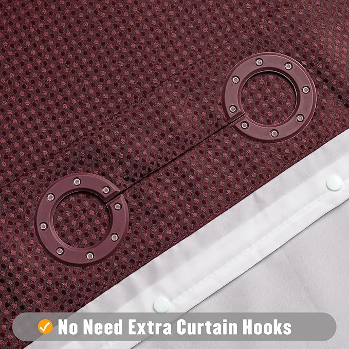 MitoVilla No Hooks Needed Extra Long Shower Curtain Liner Set, Burgundy 86 inch XL Heavyweight Waffle Fabric Cloth Shower Curtains Set with Snap-in Liner for Modern Luxury Hotel & Spa Bathroom Decor