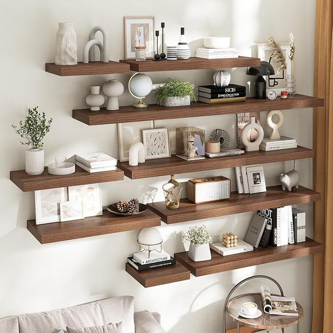 24 Inch Floating Shelves for Wall Set of 2, 12"D Wood Grain Bathroom Shelves with Invisible Brackets, Easy Install Engineered Wood Storage Shelves for Kitchen, Living Room, Bedroom, Walnut Finish