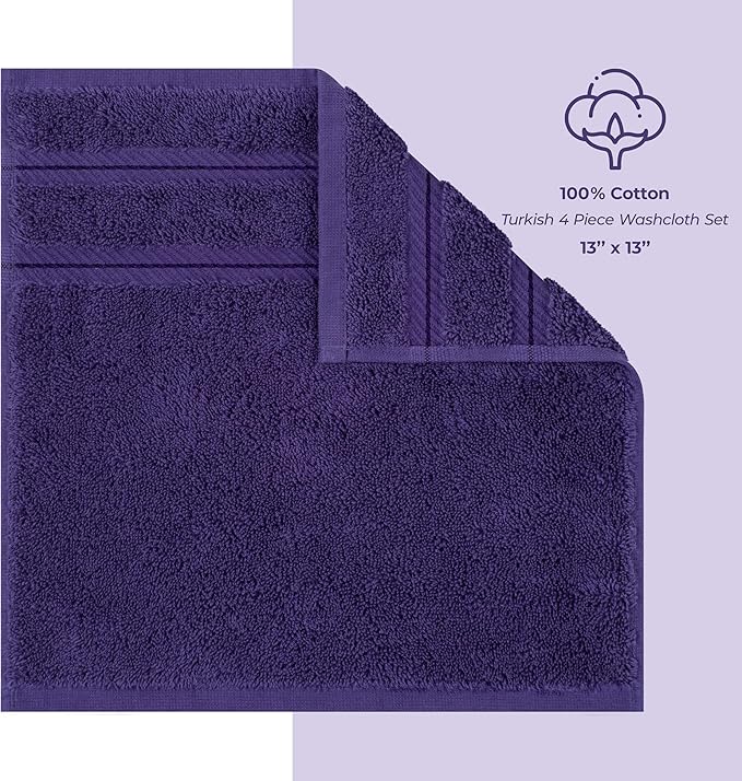 American Soft Linen Luxury Washcloths for Bathroom, 600 GSM 100% Cotton 4 Piece Turkish Wash Cloth Set, 13x13 in Soft Rags for Body and Face, Purple Washcloths