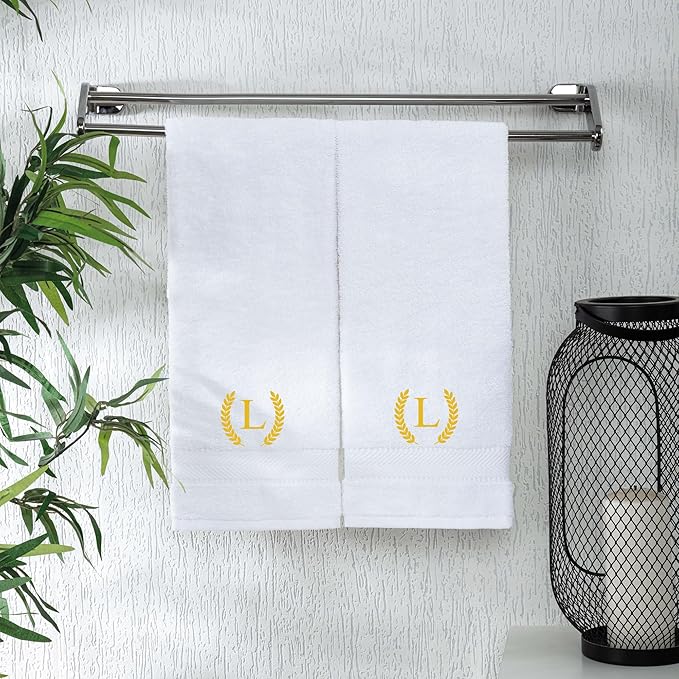 Monogrammed Hand Towels for Bathroom Makeup, Personalized Turkish Cotton Towel with Embroidery, Gift for Weddings, Housewarming, Anniversaries, and Bridal Showers, Set of 2 (Gold, Initial L)