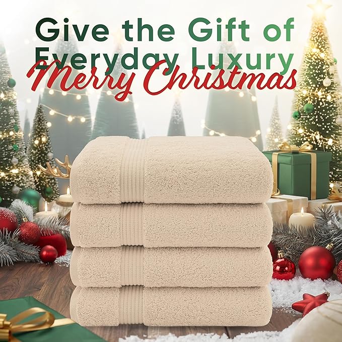 American Veteran Towel, 100% Cotton Turkish Bath Towels for Bathroom 4 Pack, 27x54 Extra Large Premium Soft Drying Bathroom Towels, Beige