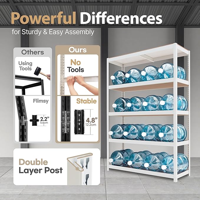 HOMEDANT House 5 Tier Laminated Metal Shelving Unit Adjustable Storage Utility Rack Heavy Duty Shelves Organization Multipurpose Shelf Kitchen Garage Pantry Closet (10, (XL Deep) 48.1" W, White)