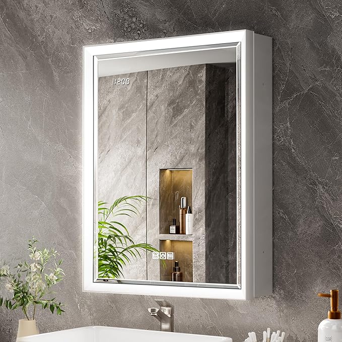 Beveled Lighted Medicine Cabinet with Mirror & Lights -20x26 Surface or Recessed Mirrored Medicine Cabinet with Outlet & Clock, Anti-Fog Dimmable LED Storage Cabinet, Built-in Sensor Light