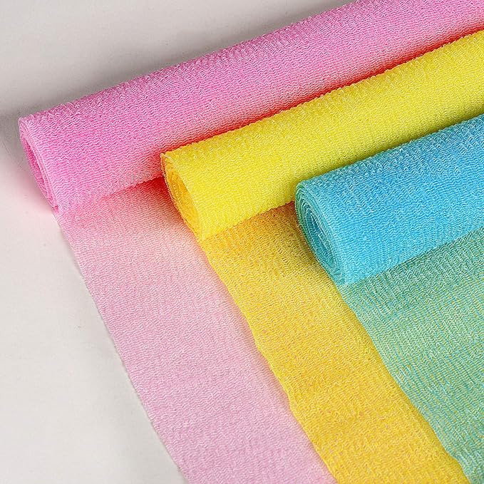ARCH&M Exfoliating Washcloth, Japanese Bath Towel, Korean Exfoliation Scrub, Nylon Body Scrubber, Back Scrubber for Shower, Loofah Alternative - 3 Pack (Black x 3)