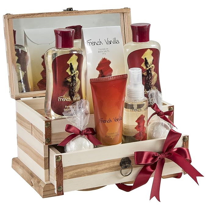 French Vanilla Bath Set Essential Bath and Body Basket: 2 Vanilla Bath Bombs, Body Lotion, Body Spray, Bath Salts, etc in a Wooden Jewelry Box