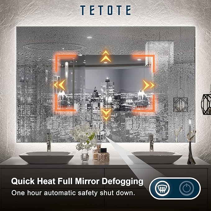 TETOTE 48 x 30 LED Backlit Bathroom Mirror with Light,3Color White/Warm/Natural,Anti-Fog Lighted Mirror,Dimmable,Vanity Mirror,Wall Mounted