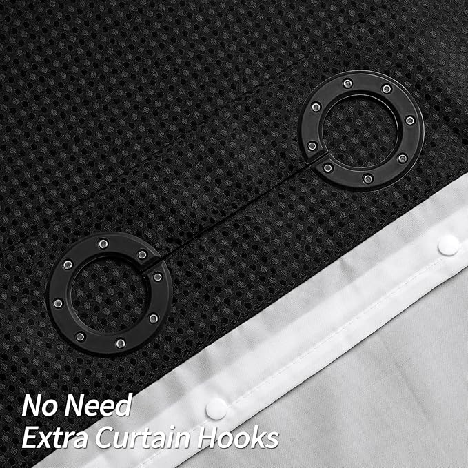 MitoVilla Black Waffle Long Shower Curtain Liner Set 72 x 80, No Hooks Needed 80 inch Long Heavyweight Fabric Shower Curtain Set with Snap-in Liner for Hotel Grade Spa-Like Bathroom Decor