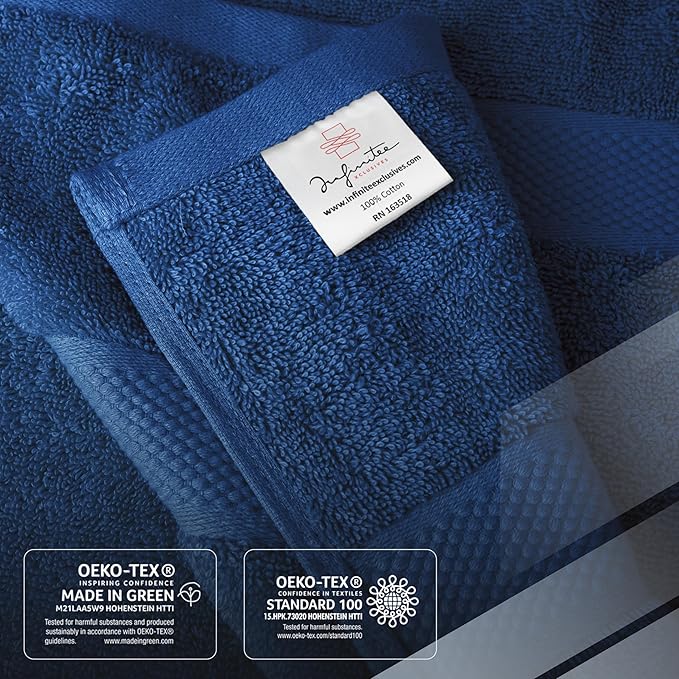 Infinitee Xclusives Luxury 100% Cotton Towel Set – 8 Piece Bathroom Towel Set (2 Bath Towels, 2 Hand Towels, 4 Washcloths) – Soft & Absorbent Towels for Bathroom (Tranquil Navy)