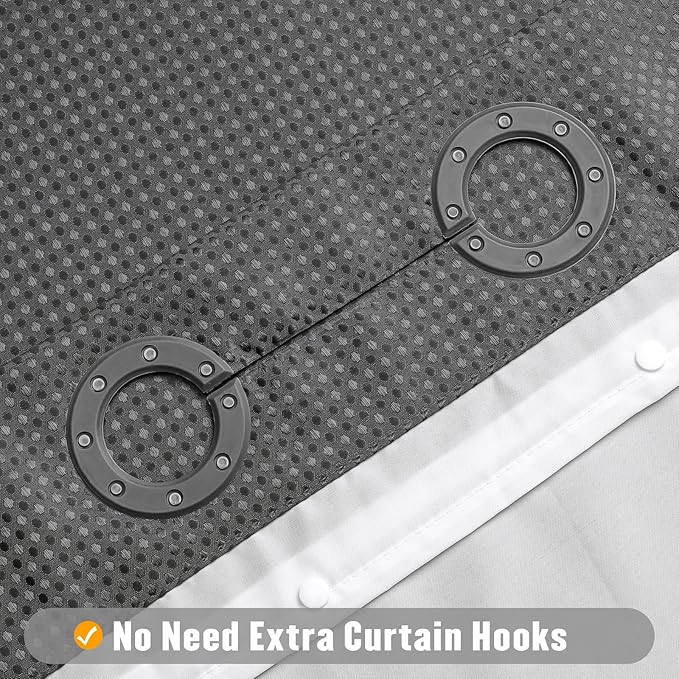 MitoVilla Grey Long Shower Curtain Liner Set 72 x 80, No Hooks Needed 80 inch Long Heavyweight Waffle Fabric Shower Curtain Set with Snap-in Liner for Hotel Grade Spa-Like Bathroom Decor