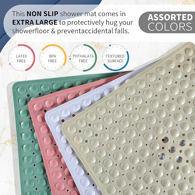 Yimobra Shower Stall Mat Non Slip, 21x21 Inch, Soft Square Bath Mat for Shower with Suction Cups and Drain Holes, Stall Floor Mats for Bathroom, Machine Washable, Bathroom Accessories, Black