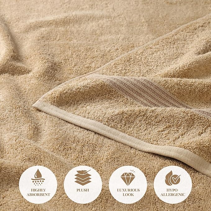 Superior Egyptian Cotton Bath Towel Set, Home Bathroom Towels, Master, Guest Bath, Decor Essentials, Quick Dry, Absorbent, Large Body Towels, Spa, Hotel, Resort, Adult, Kids, Set of 2, Toast