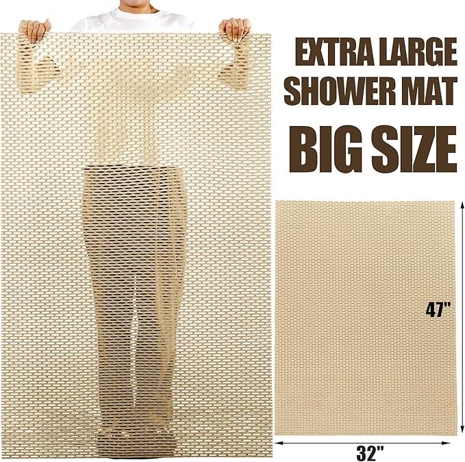 HOMBYS 47 x 32 Extra Large Shower Mat for Shower Stall Tub, Non Slip Bath Mat Bathroom Accessories, PVC Mats for Shower and Bathroom, Quick Drying, (Khaki, 47"x32")
