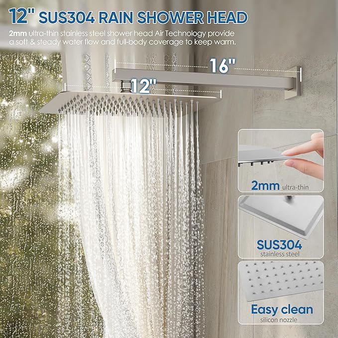 Tub Shower System, All Metal Tub Shower Faucet Set with 12" Rain Shower Head and Handheld Spray combo, Wall Mounted Shower Systems with Tub Spout, Valve and Trim Kit, Brushed Nickel