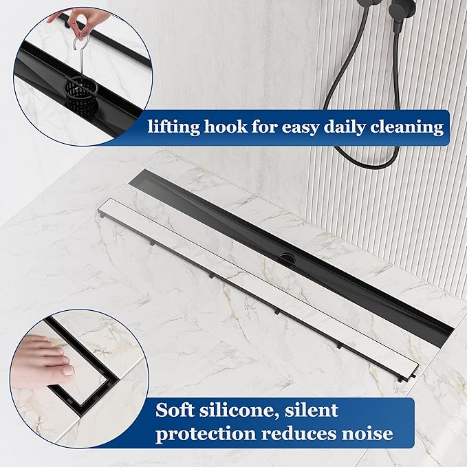 Neodrain 36-Inch Linear Shower Drain with Tile Insert Grate, Matte Black 304 Stainless Steel Rectangle Shower Floor Drain, Linear Drain with Leveling Feet, Hair Strainer