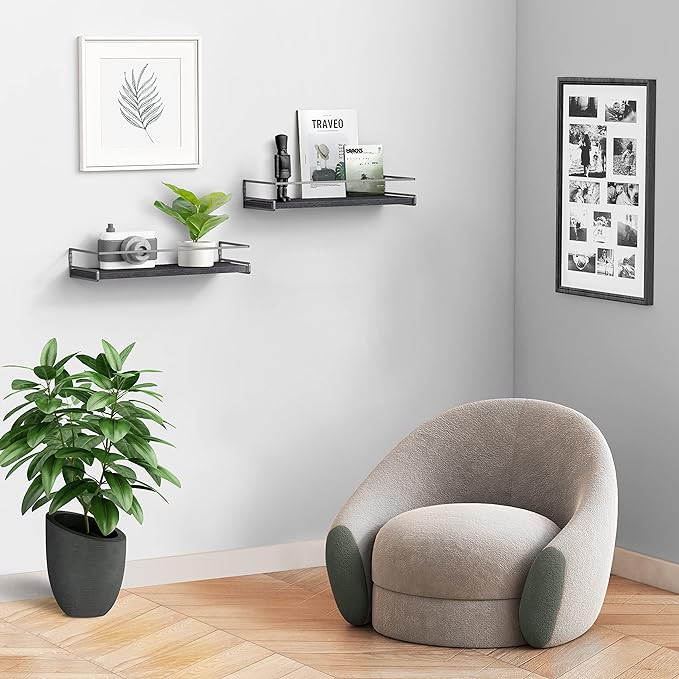 Forbena Black Floating Shelves for Bathroom Wall Set of 2, Kitchen Spice Rack Wall Mount, Modern Wood Hanging Wall Shelves for Bedroom Organizer, Restroom Pantry Closet Storage (Grey-Black)