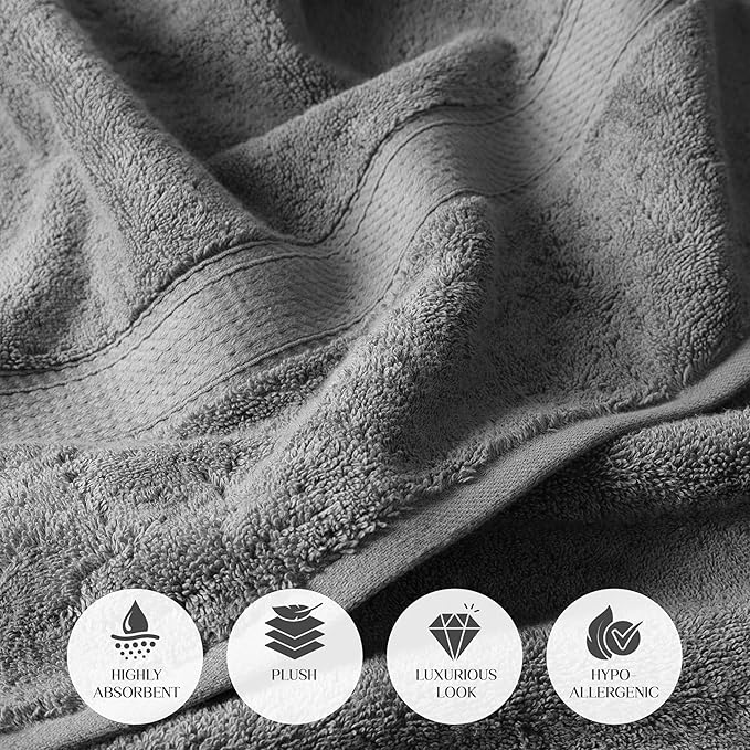 Superior Egyptian Cotton Pile Bath Towel Set of 2, Ultra Soft Luxury Towels, Thick Plush Essentials, Absorbent Heavyweight, Guest Bath, Hotel, Spa, Home Bathroom, Shower Basics, Charcoal