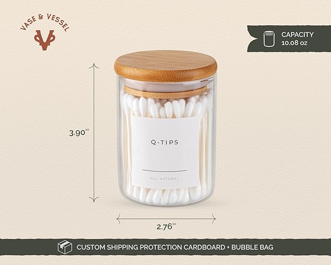 Mini Glass Apothecary Jars, Container Set, Bathroom Organizers and Storage, Bathroom Decor, with Bamboo Lids, Small Kitchen Containers, For Cotton Balls, Pads and Swabs, 10 oz, Set of 3