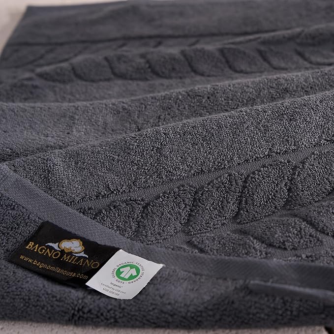 BAGNO MILANO Organic Turkish Cotton Bath Towels, Luxury Jacquard Collection, Certified Organic Highly Absorbent, Soft-Plush Towel Set (Charcoal, 6 Pcs Towel Set)