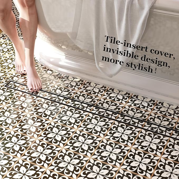 Neodrain 54-Inch Linear Shower Drain with Tile Insert Grate, Matte Black 304 Stainless Steel Rectangle Shower Floor Drain, Linear Drain with Leveling Feet, Hair Strainer