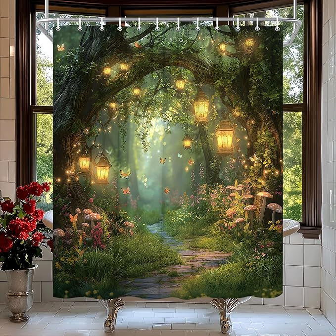 Fantasy Forest Path Shower Curtain Fairy Magical Enchanted Misty Jungle Mushroom Floral Tree Butterfly Lantern Wonderland Plant Bath Curtain Fabric Bathroom Accessories Decor with Hooks 70W x90L