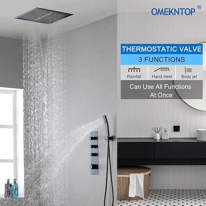 Matte Black 3 Way Shower Diverter Valve - 3 Function Thermostatic Mixer Brass Valve with Individual On/Off Flow Control for Shower Arm & Shower Kit
