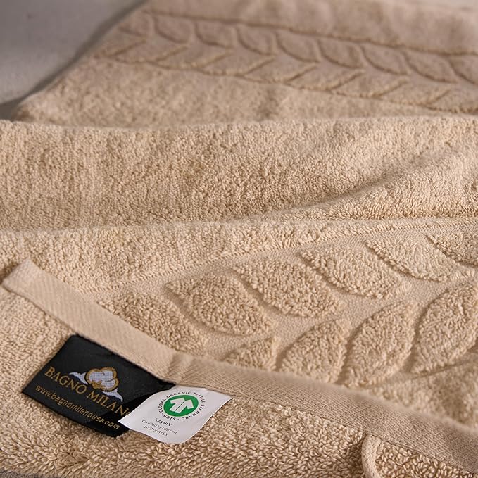BAGNO MILANO Organic Turkish Cotton Bath Towels, Luxury Jacquard Collection, Certified Organic Highly Absorbent, Soft-Plush Towel Set (Latte, 6 Pcs Towel Set)
