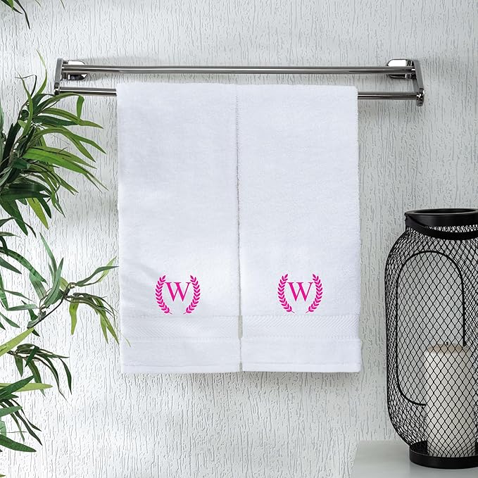 Monogrammed Hand Towels for Bathroom Makeup, Personalized Turkish Cotton Towel with Embroidery, Gift for Weddings, Housewarming, Anniversaries, and Bridal Showers, Set of 2 (Hot Pink, Initial W)