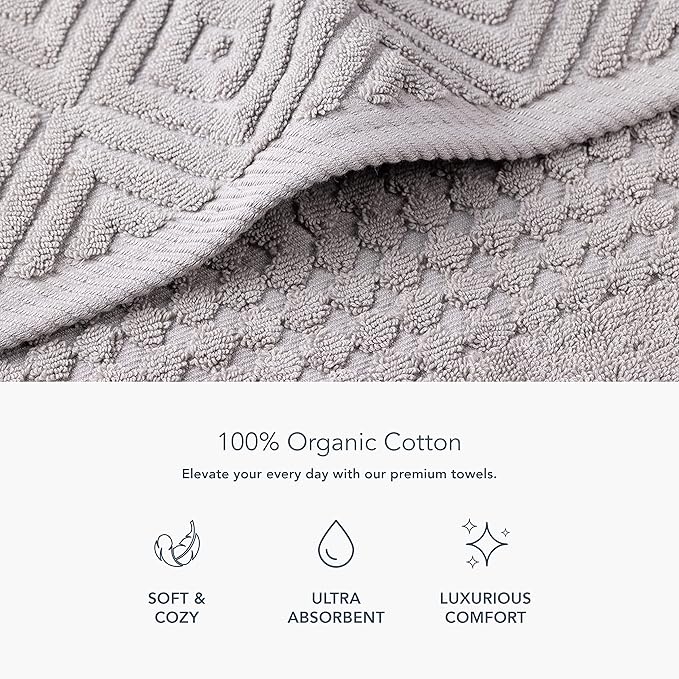 Texere 100% Organic Cotton Diamond Jacquard 700 GSM Luxury Bath Towel Sets - Ultra Soft and Absorbent Hotel and Spa Quality (Diamond, Cathedral Gray, 2 Hand & 2 Face Towels)