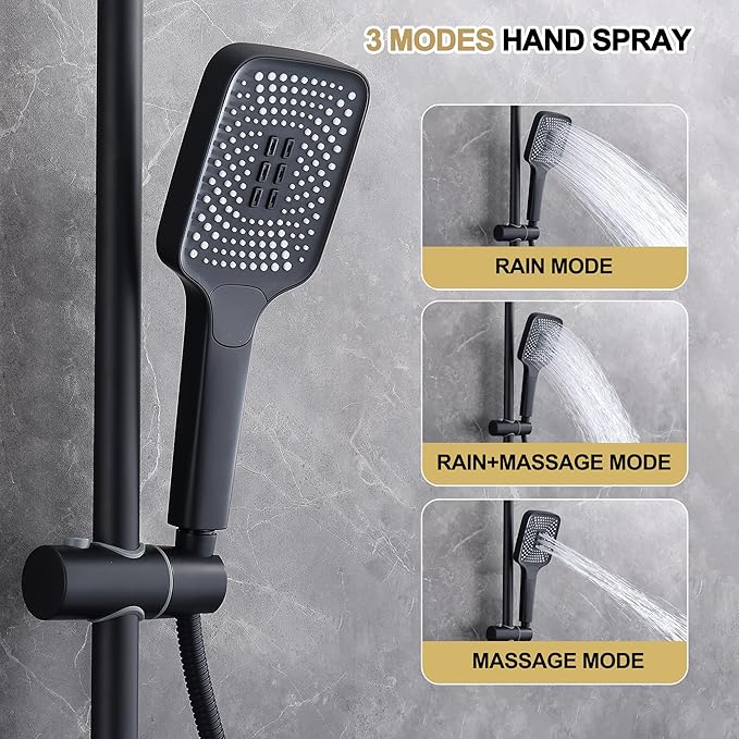 Shower Systems with 12 x8 Inches Rain Shower Head, Matte Black Exposed Pipe Shower System,3 Functions Tub Shower Faucet Sets,Overhead Shower System with Handheld