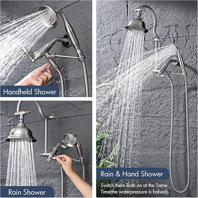 Bagnolux Solid Brass 6" High Pressure Rain Shower Head Combo with 21" Extension Arm, Rainfall Showerhead 3.3" Handheld Water Spray - Adjustable Dual Showerhead with 71" Shower Hose, Brushed Nickel
