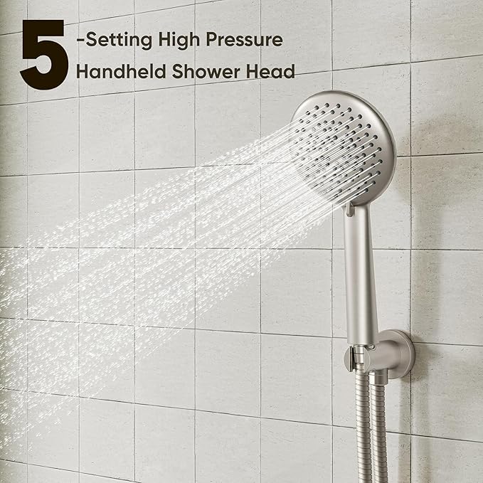 Gabrylly Shower System with Tub Spout, Bathtub Shower Faucet Set with High Pressure 12" Rain head and Handheld Spray, 3-Way Pressure Balance Valve Kit, Brushed Nickel
