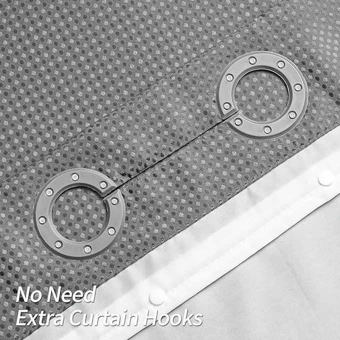 MitoVilla No Hooks Needed Extra Long Shower Curtain Liner Set, 86 inch XL Black Waffle Heavyweight Fabric Cloth Shower Curtains Set with Snap-in Liner for Modern Luxury Hotel & Spa Bathroom Decor
