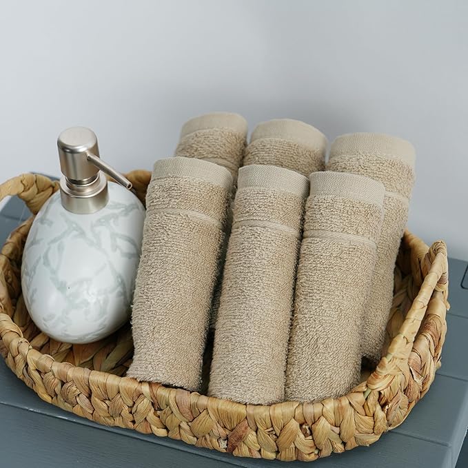 Tens Towels Pack of 12 Washcloths, 12 x 12 Inches, Lighter Weight, Quick to Dry, Super Soft & Absorbent, Gentle Face Towels, Hotel Quality, Perfect for Bathroom, Gym, Spa (Beige, 12 Pack)