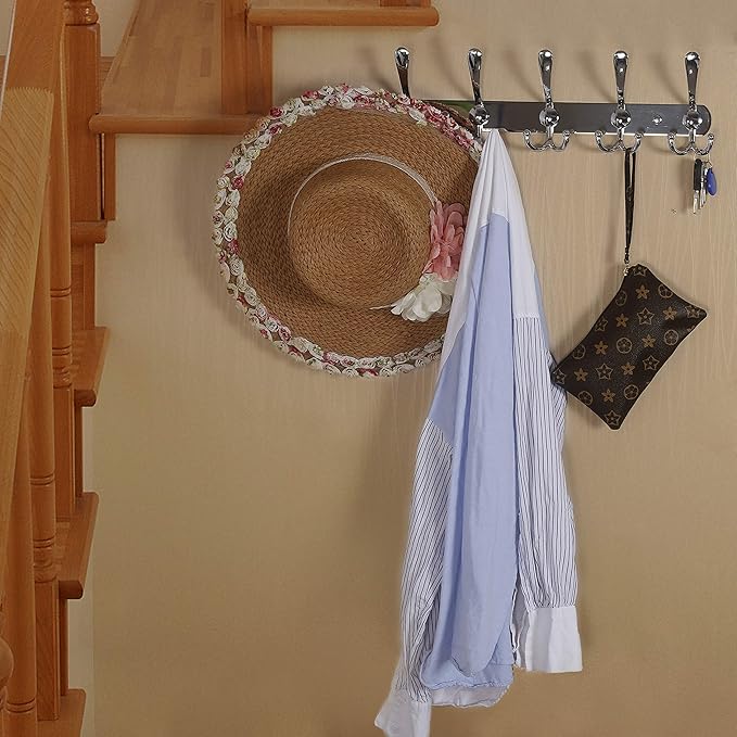 Dseap Coat Rack Wall Mounted - 5 Tri Hooks, Heavy Duty, Stainless Steel, Metal Coat Hook Rail for Coat Hat Towel Purse Robes Mudroom Bathroom Entryway,Chromed