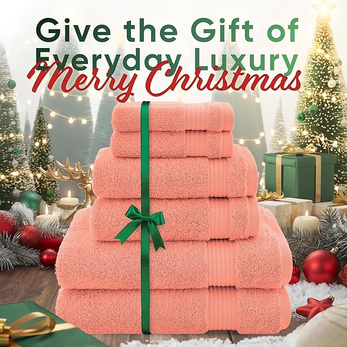 American Veteran Towel, 100% Cotton Turkish 6 Piece Towel Set, Luxury Towels Set of 6 for Bathroom Essentials, 2 Bath Towels 2 Hand Towels 2 Washcloths, Coral