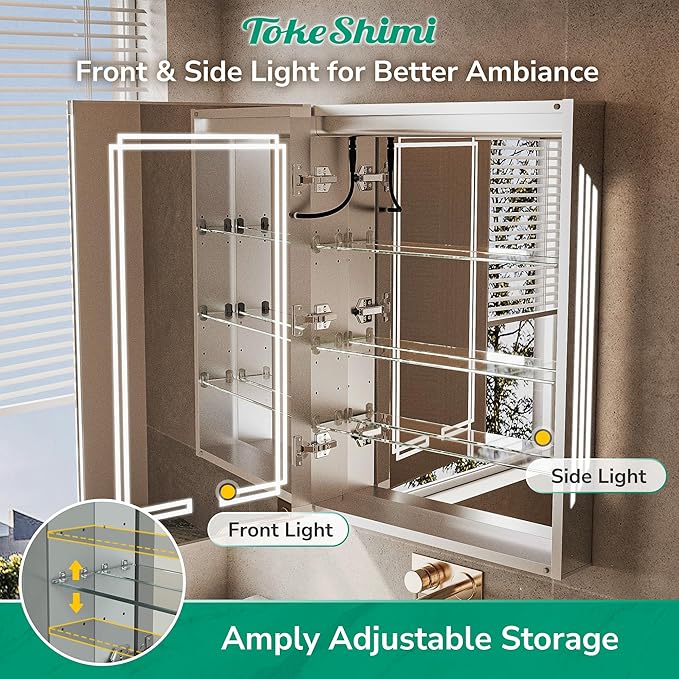 TokeShimi 36 x 30 LED Mirrored Medicine Cabinet with Defogger, 3 Colors Lighted Medicine Cabinet Tempered Stepless Dimming, CRI 80+, Memory Funtion, Wall Mount Bathroom Mirror with Storage
