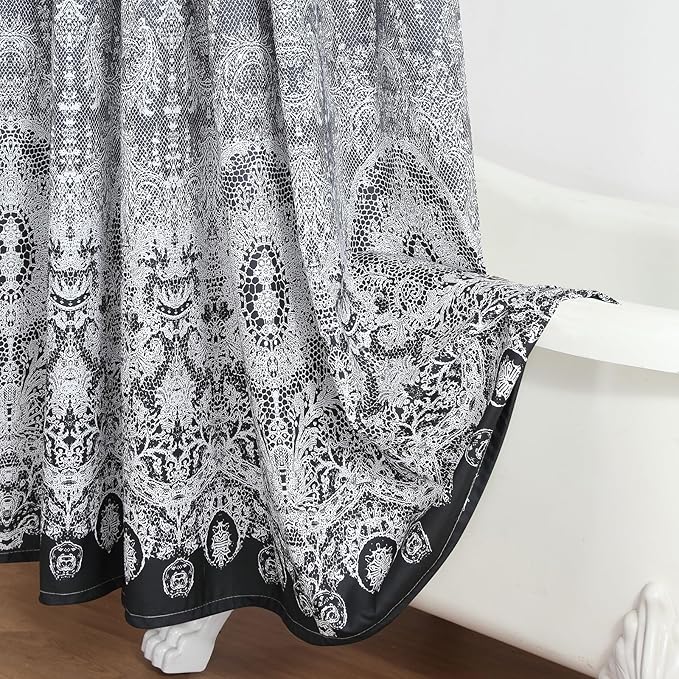 90 Inch Extra Long Shower Curtain - Chantilly Lace Design, Heavyweight Polyester, Black to White Ombre, 72" W x 90" H