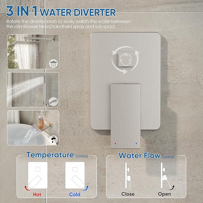 Shower System with Tub Spout, All Metal Tub Shower Faucet Set with 10" Rain Shower Head and Handheld Spray combo, Wall Mounted Tub Shower Systems with Valve and Trim Kit, Brushed Nickel