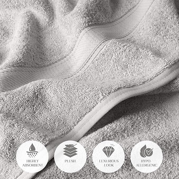 Superior Egyptian Cotton Pile Bath Towel Set of 2, Ultra Soft Luxury Towels, Thick Plush Essentials, Absorbent Heavyweight, Guest Bath, Hotel, Spa, Home Bathroom, Shower Basics, Silver