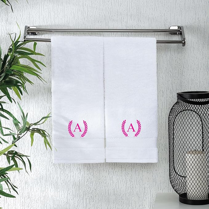 Monogrammed Hand Towels for Bathroom Makeup, Personalized Turkish Cotton Towel with Embroidery, Gift for Weddings, Housewarming, Anniversaries, and Bridal Showers, Set of 2 (Hot Pink, Initial A)