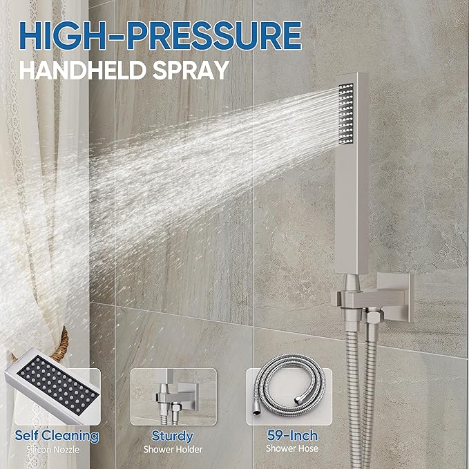 Shower System with Tub Spout, All Metal Tub Shower Faucet Set with 10" Rain Shower Head and Handheld Spray combo, Wall Mounted Tub Shower Systems with Valve and Trim Kit, Brushed Nickel