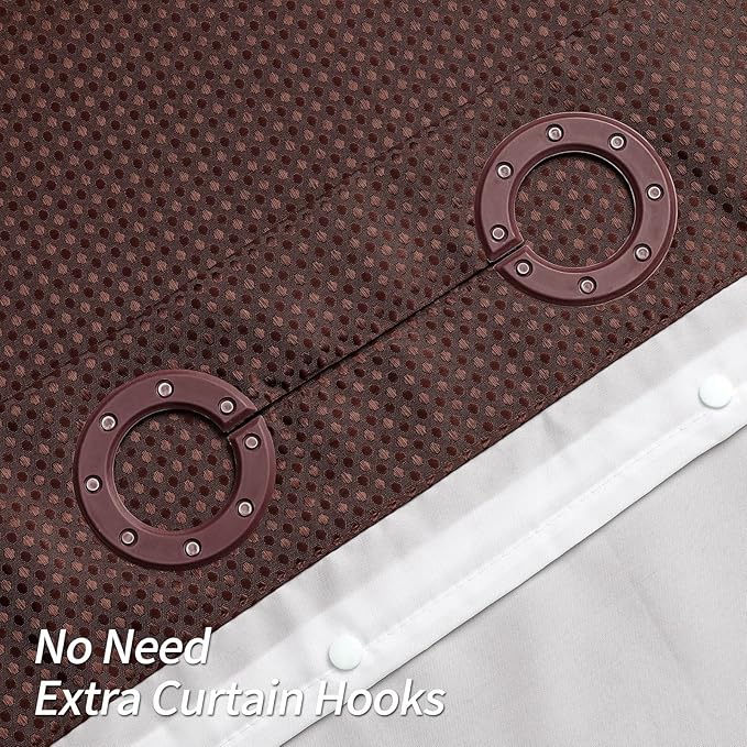 MitoVilla Brown Waffle Long Shower Curtain Liner Set 72 x 80, No Hooks Needed 80 inch Long Heavyweight Fabric Shower Curtain Set with Snap-in Liner for Hotel Grade Spa-Like Bathroom Decor